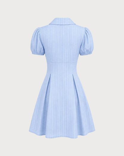 Blue Cotton Puff Sleeve Button Mini Dress - view 5