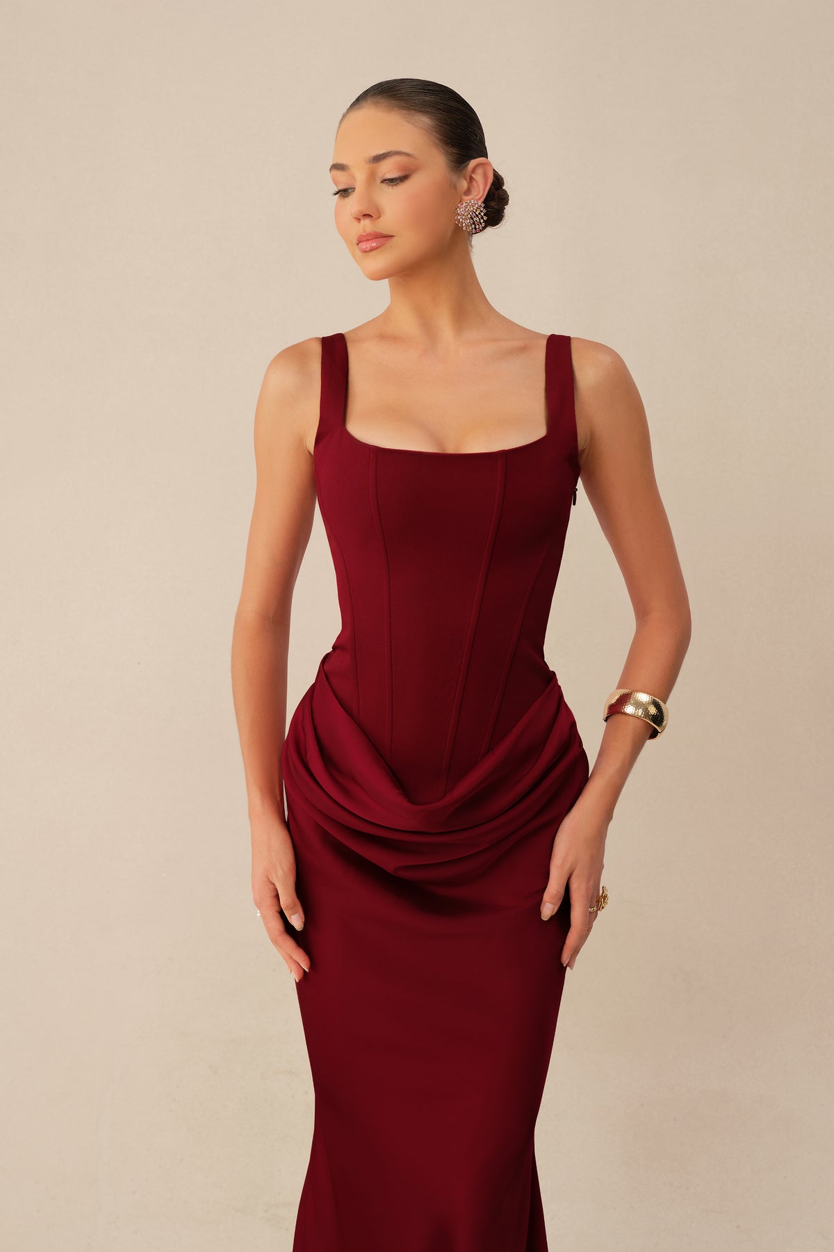 Red square neck corset maxi dress with draped waist - view 3