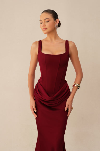Red square neck corset maxi dress with draped waist - view 3