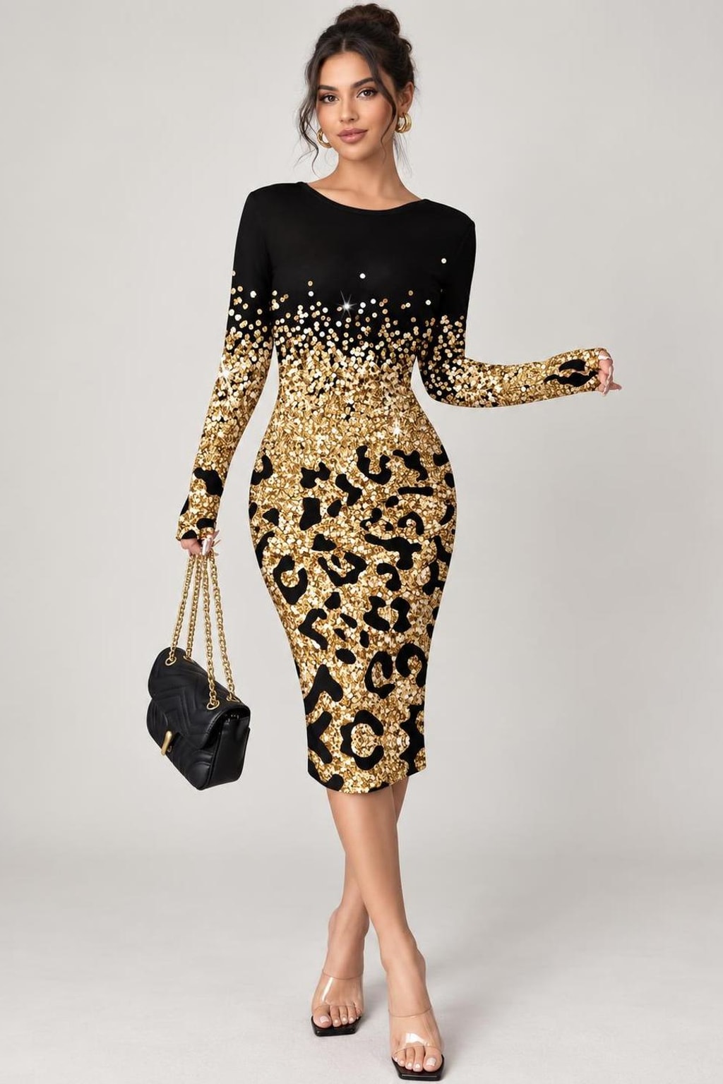 Polyester Bodycon Midi Dress With Leopard Print Panel - 2
