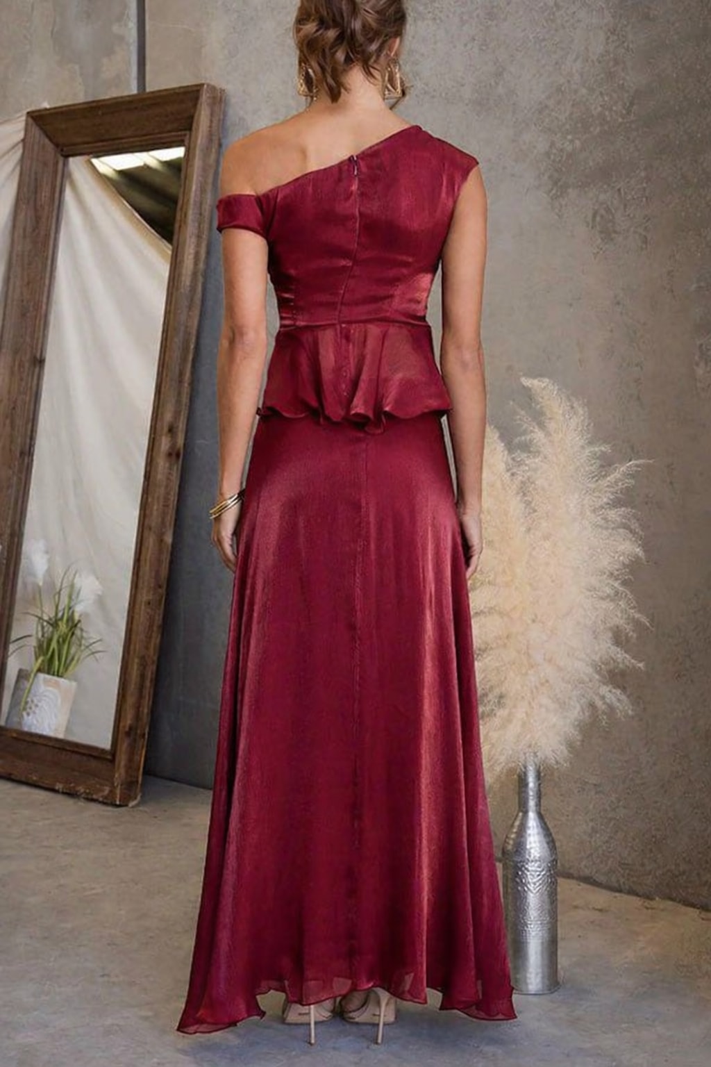 Polyester Set With One-Shoulder Ruched Top & Flare Skirt - 8