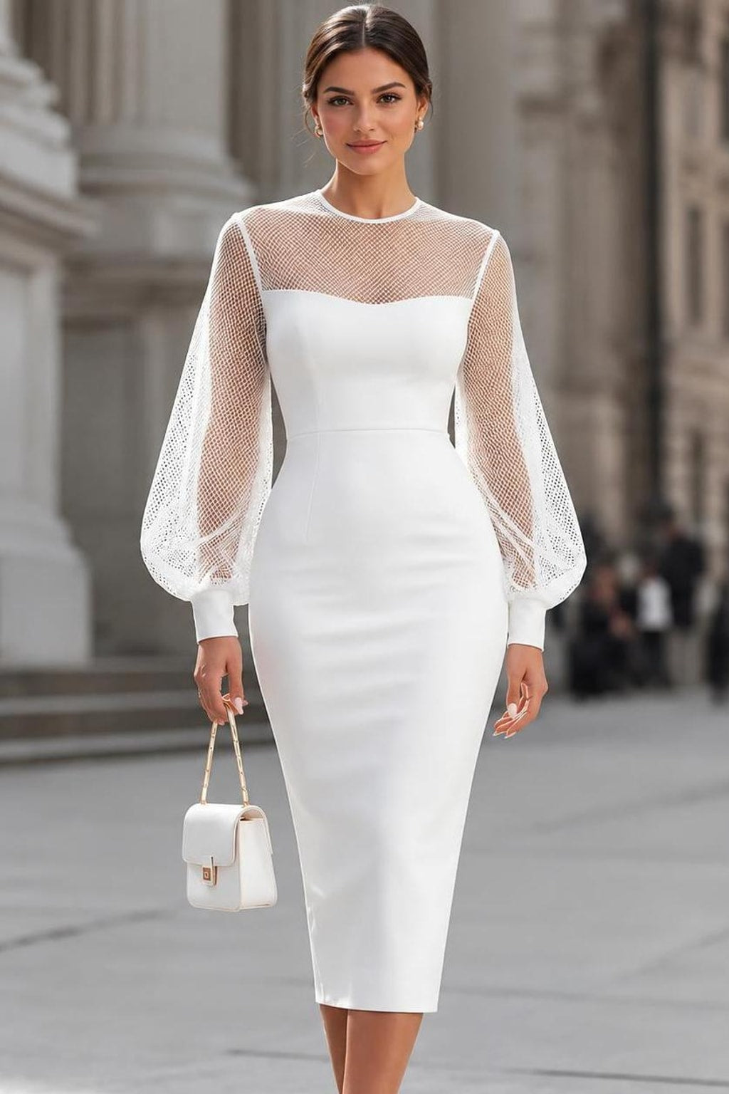 Jersey Pencil Dress With Lantern Sleeves - 2