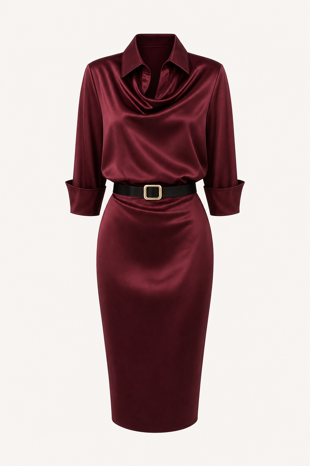 Satin midi dress with lapel collar and long sleeves