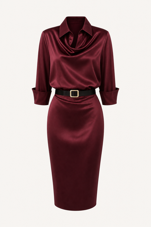 Satin midi dress with lapel collar and long sleeves