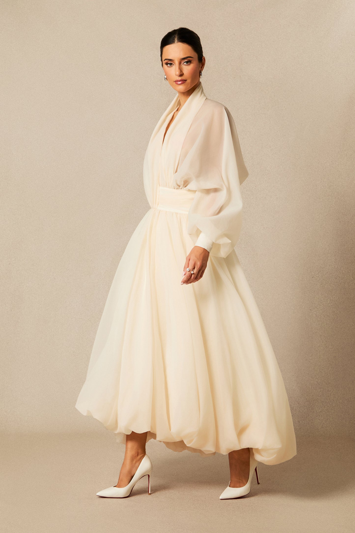 Beige Deep V Puff Sleeve Chiffon Maxi Dress - view 5