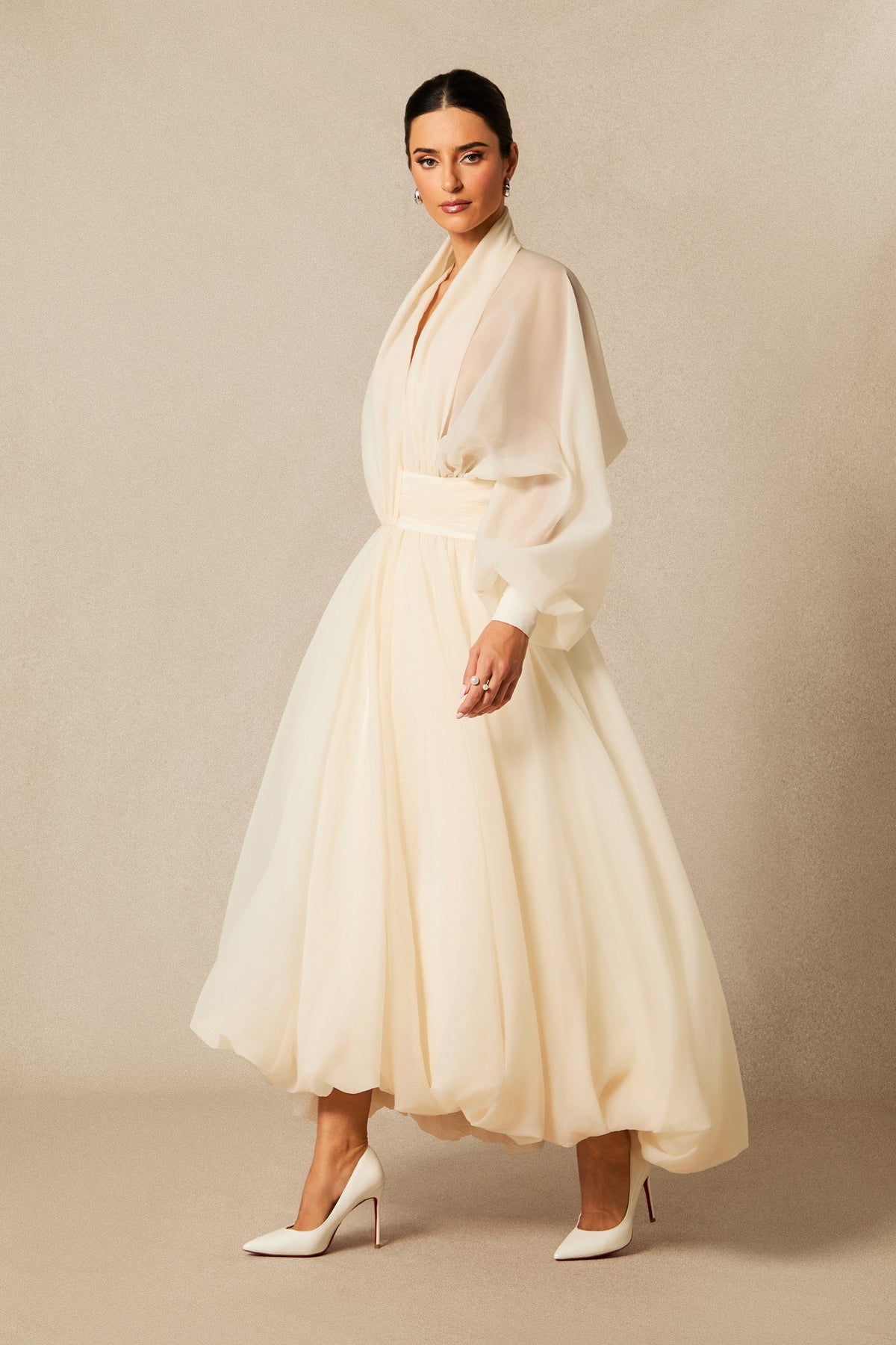 Beige Deep V Puff Sleeve Chiffon Maxi Dress - view 5