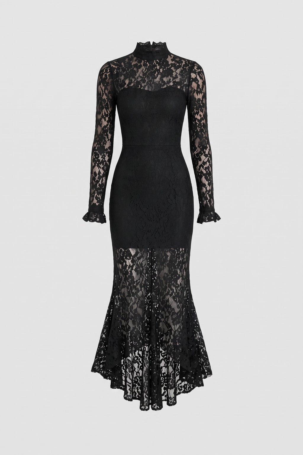 Midi Dress with High Neck and Lace Details - 1