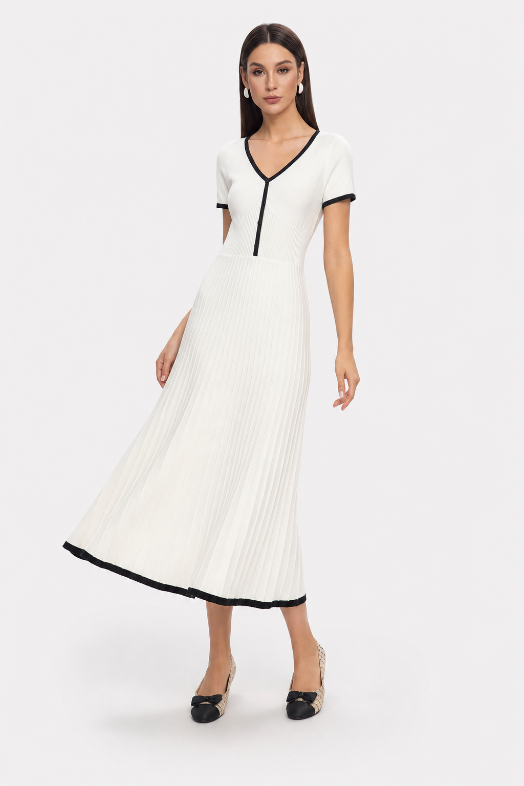 White soft knit sweater midi dress with contrast trim - view 3
