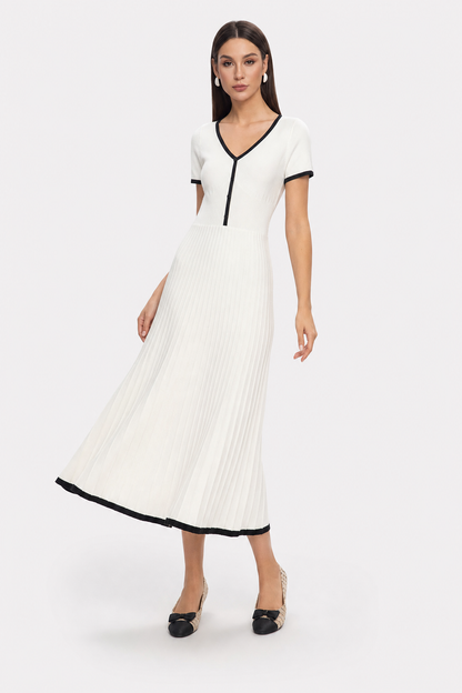 White soft knit sweater midi dress with contrast trim - view 3