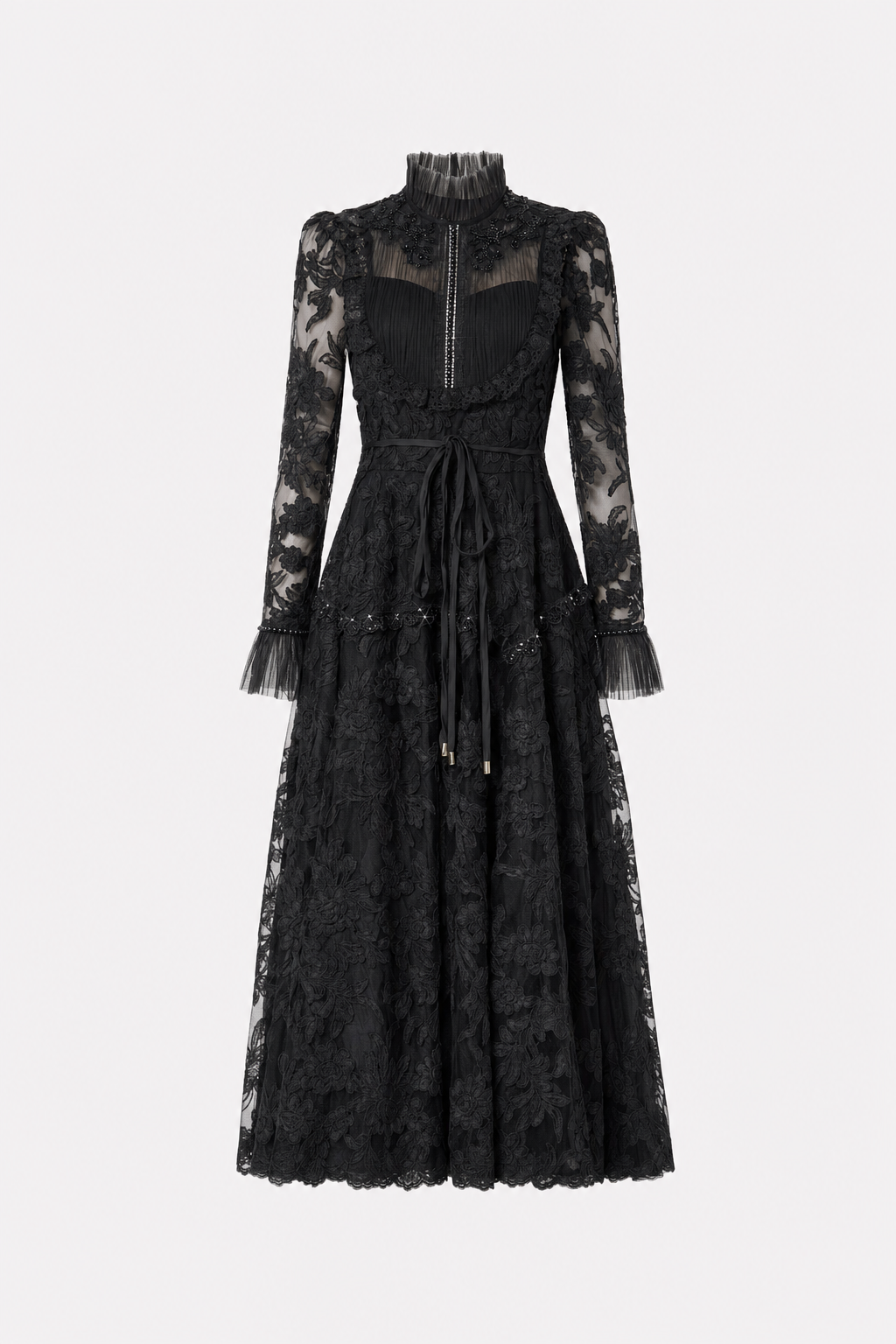 Floral Lace Mock Neck Maxi Dress with Pearls - view 6