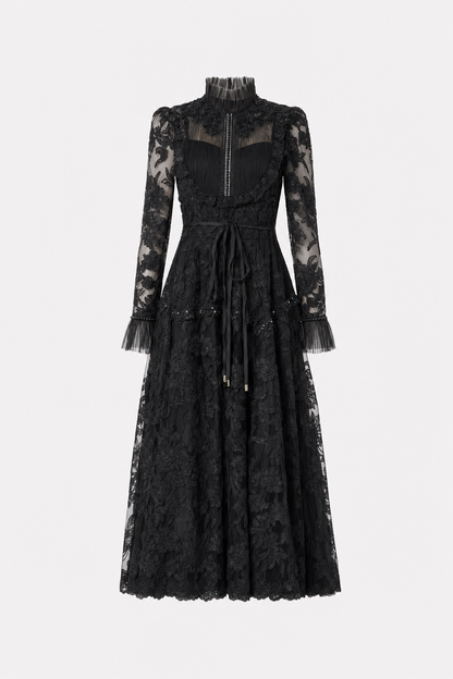 Floral Lace Mock Neck Maxi Dress with Pearls - view 6