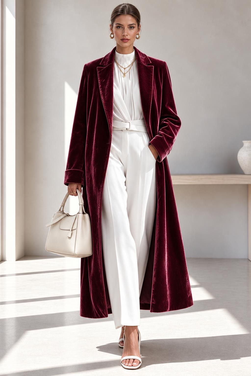Polyester Long Overcoat With Lapel Collar - 9