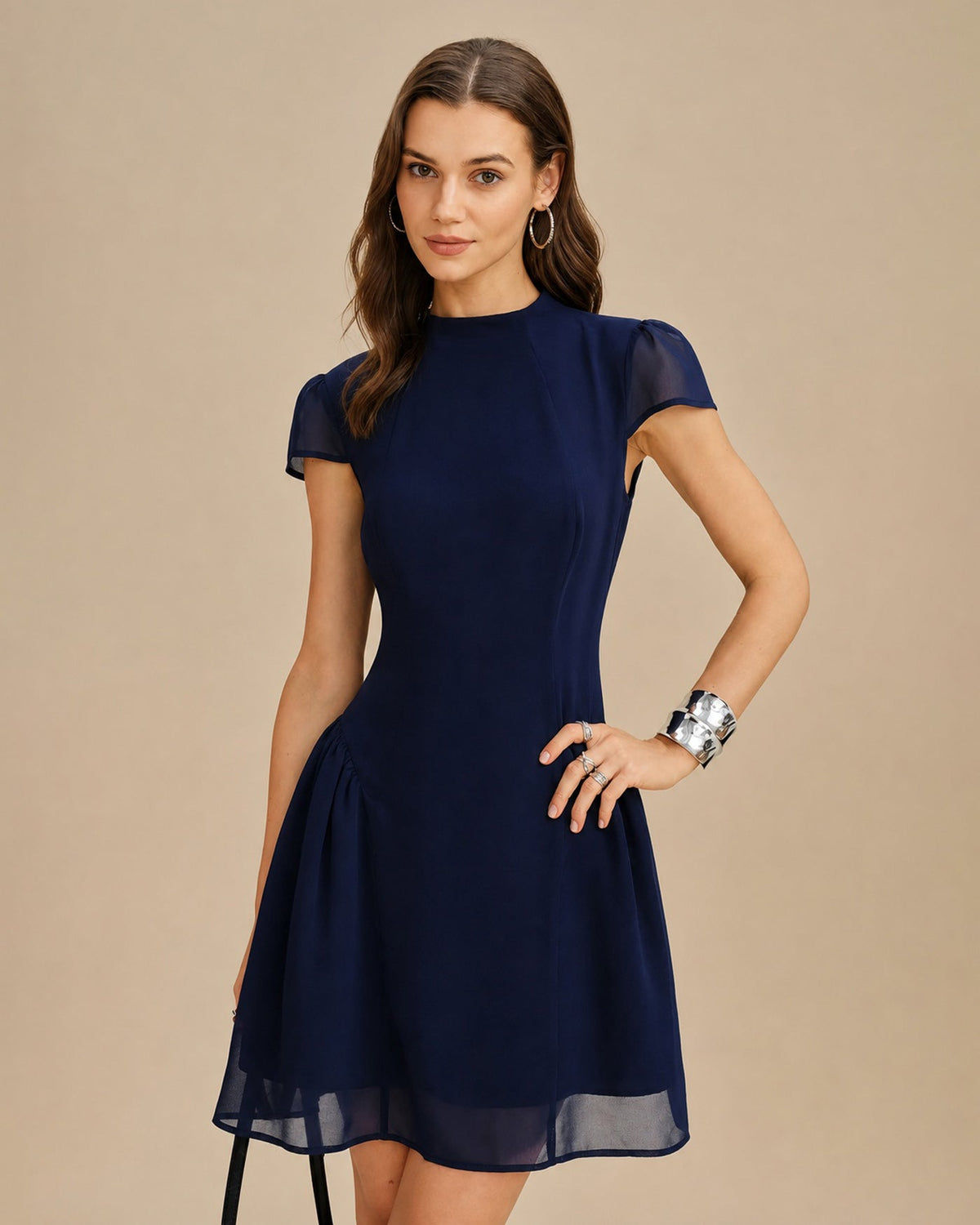 Blue Ruched A-Line Mini Dress, Cap Sleeves - view 2