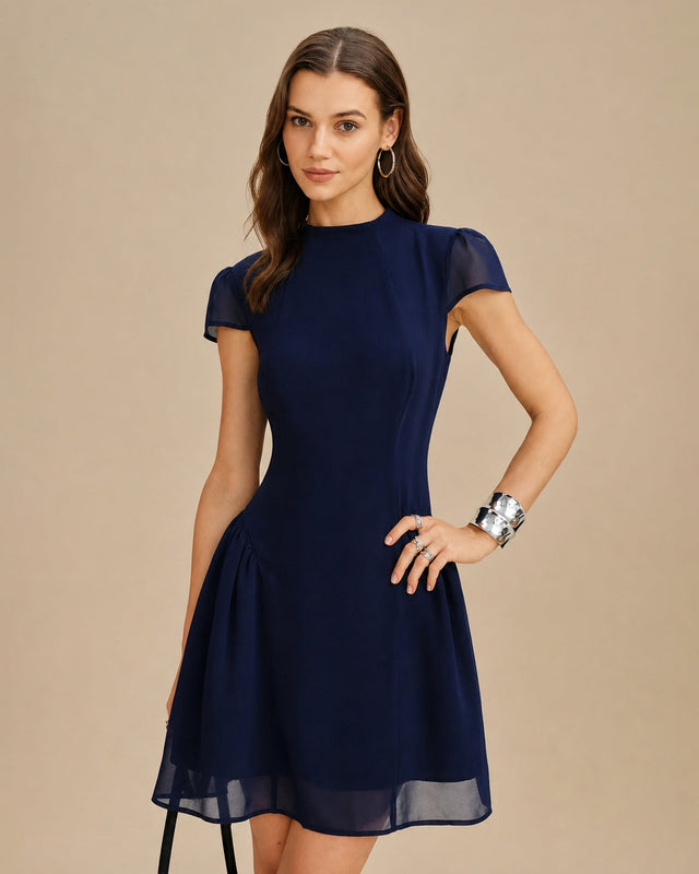 Blue Ruched A-Line Mini Dress With Cap Sleeves - 2