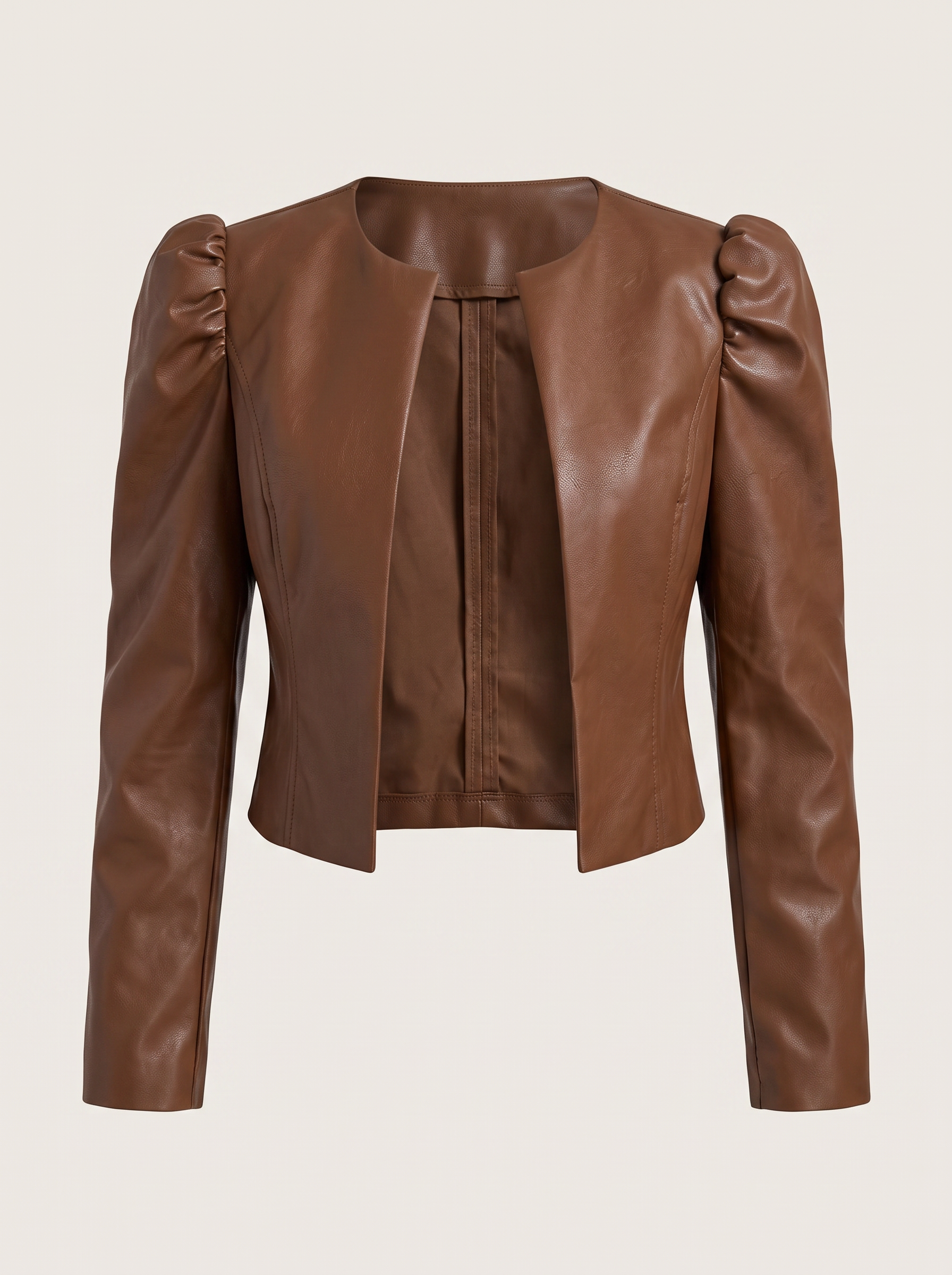 Faux Leather Cropped Jacket with Puff Sleeves