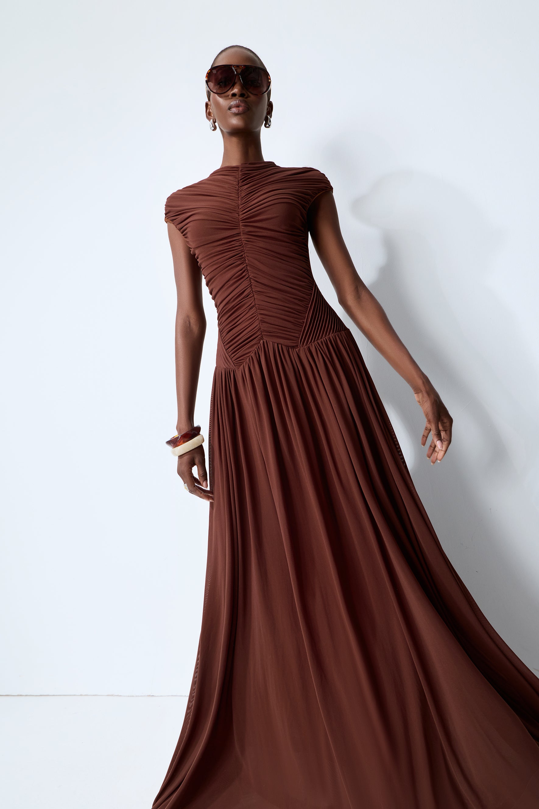 Brown Ruched Knit Maxi Dress, High Neck - view 5