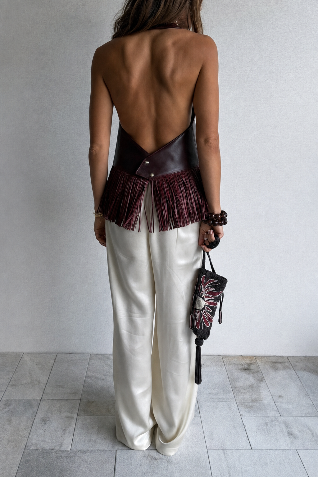 Edgy Faux Leather Halter Neck Tassel Top - 9
