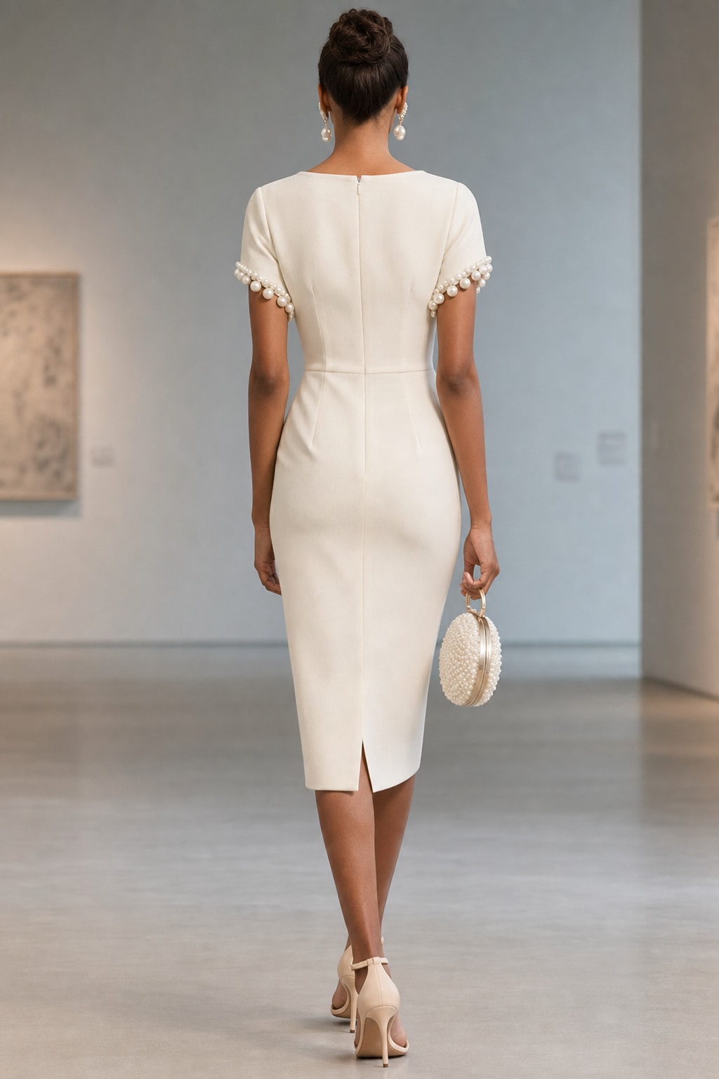 Faux Pearl Knot-Front Boat Neck Sheath Midi Dress - 4