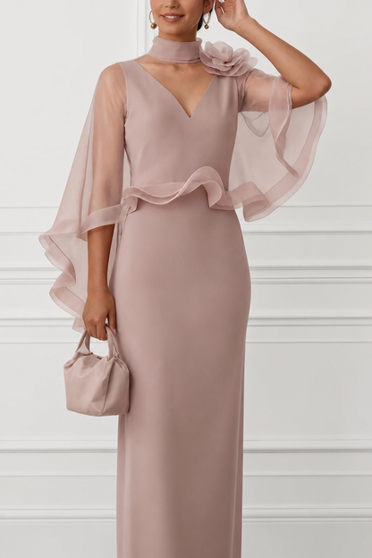 Floral Mesh Cape Sleeve Maxi Dress in Pink - view 5