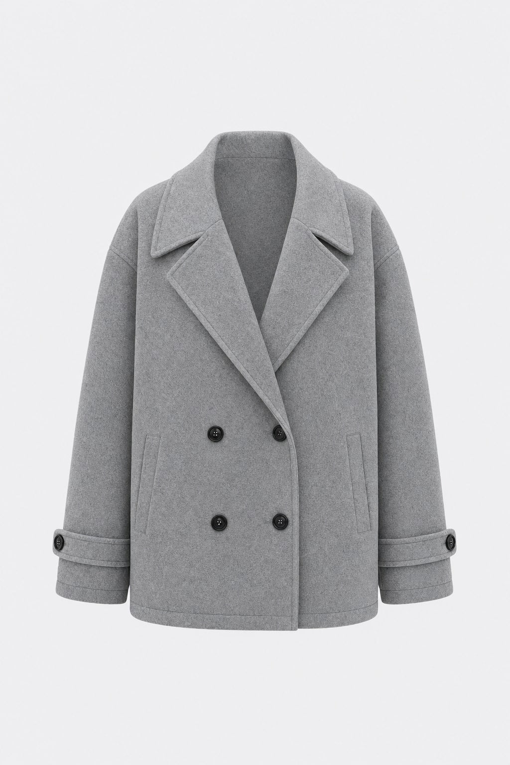 Dark Gray Wool Blend Pea Coat With Notched Lapel - 1