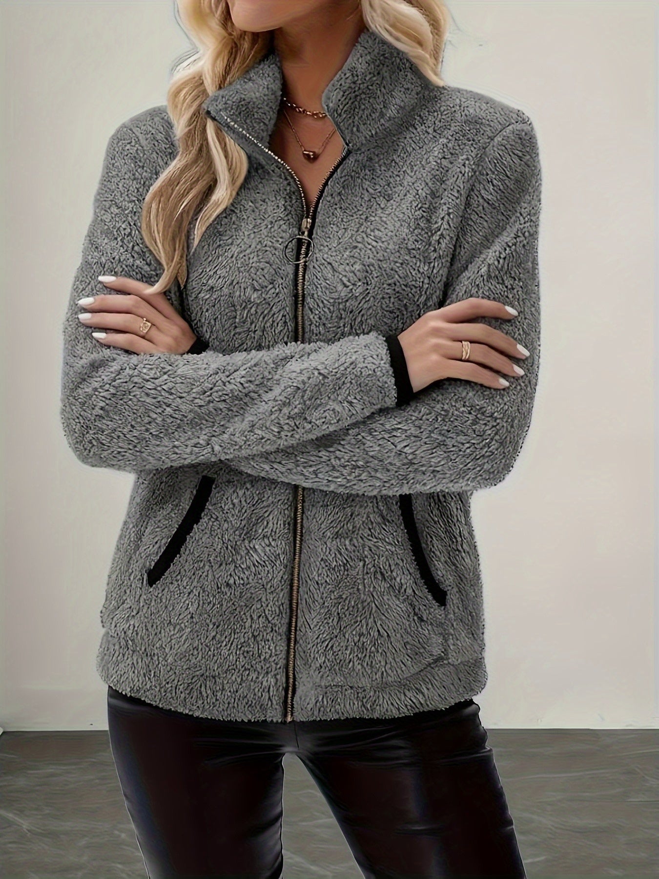 Plush Fleece Zip-Up Jacket With Contrast Trim - view 5