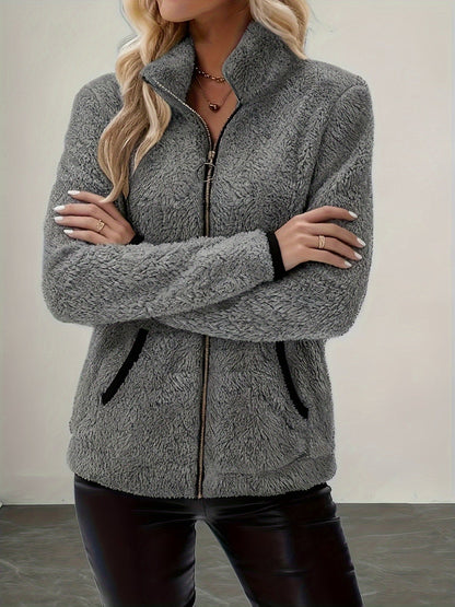 Plush Fleece Zip-Up Jacket With Contrast Trim - view 5