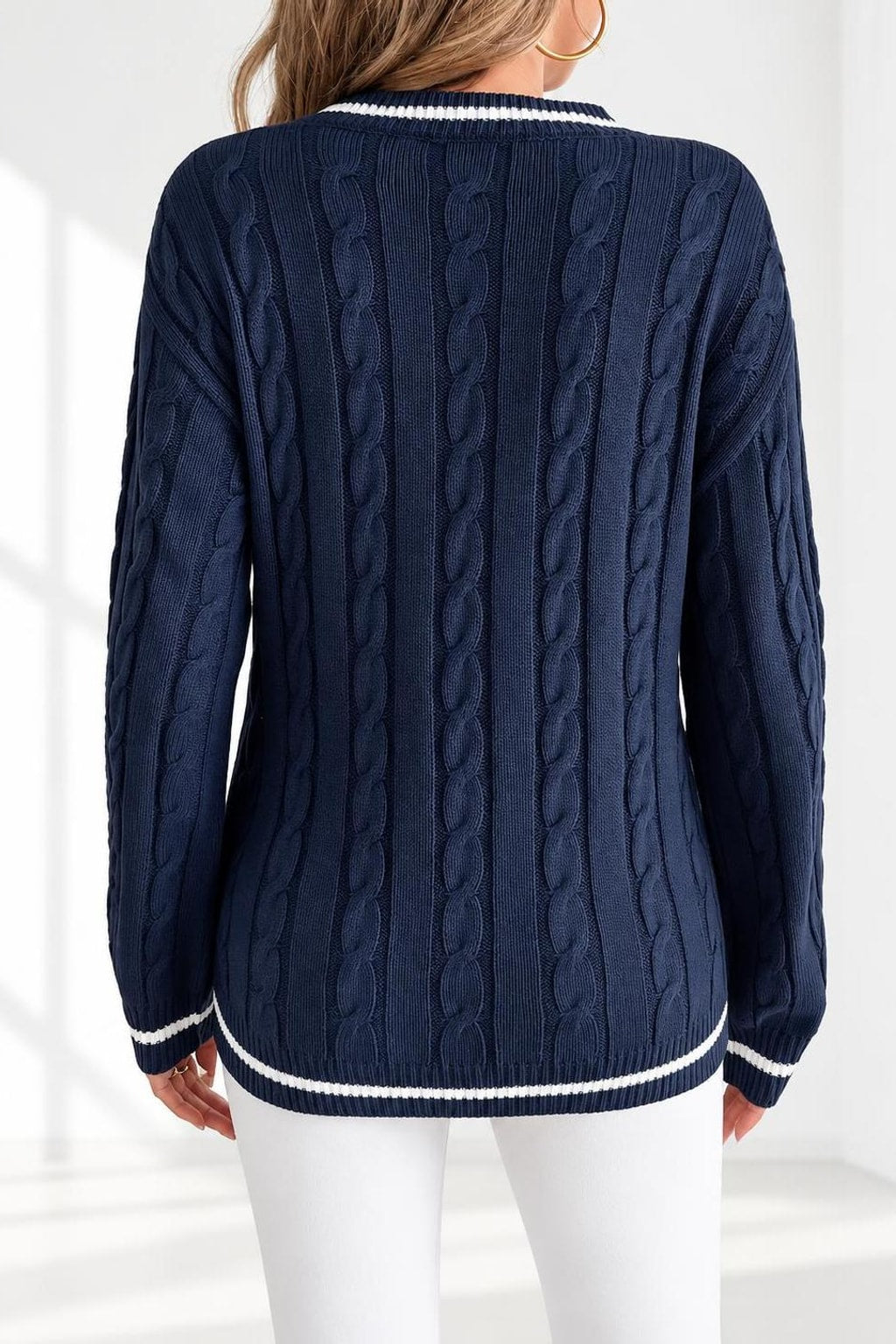Cable Knit V-Neck Sweater - 4