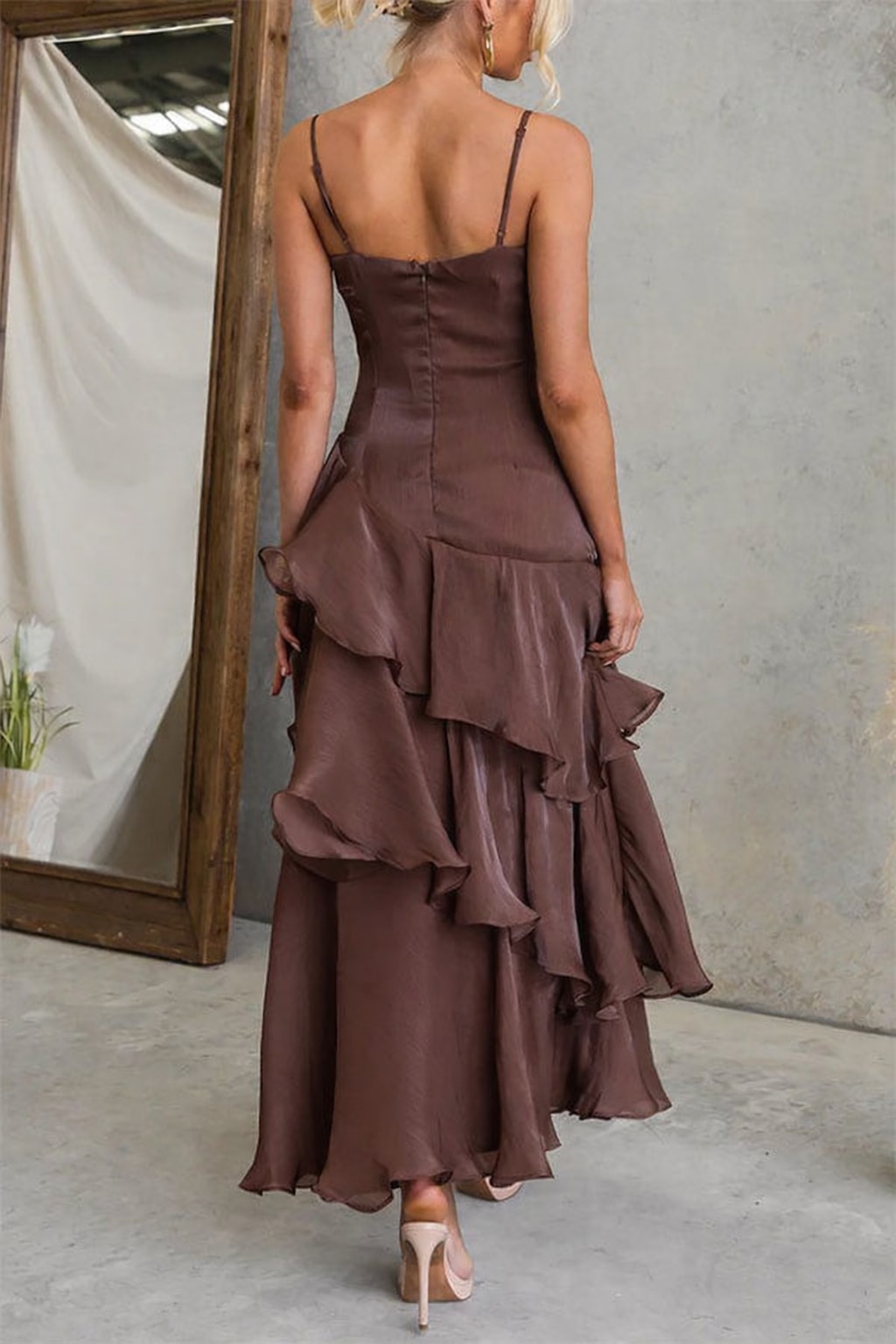 Polyester Maxi Dress With Square Neck And Ruffles - 6
