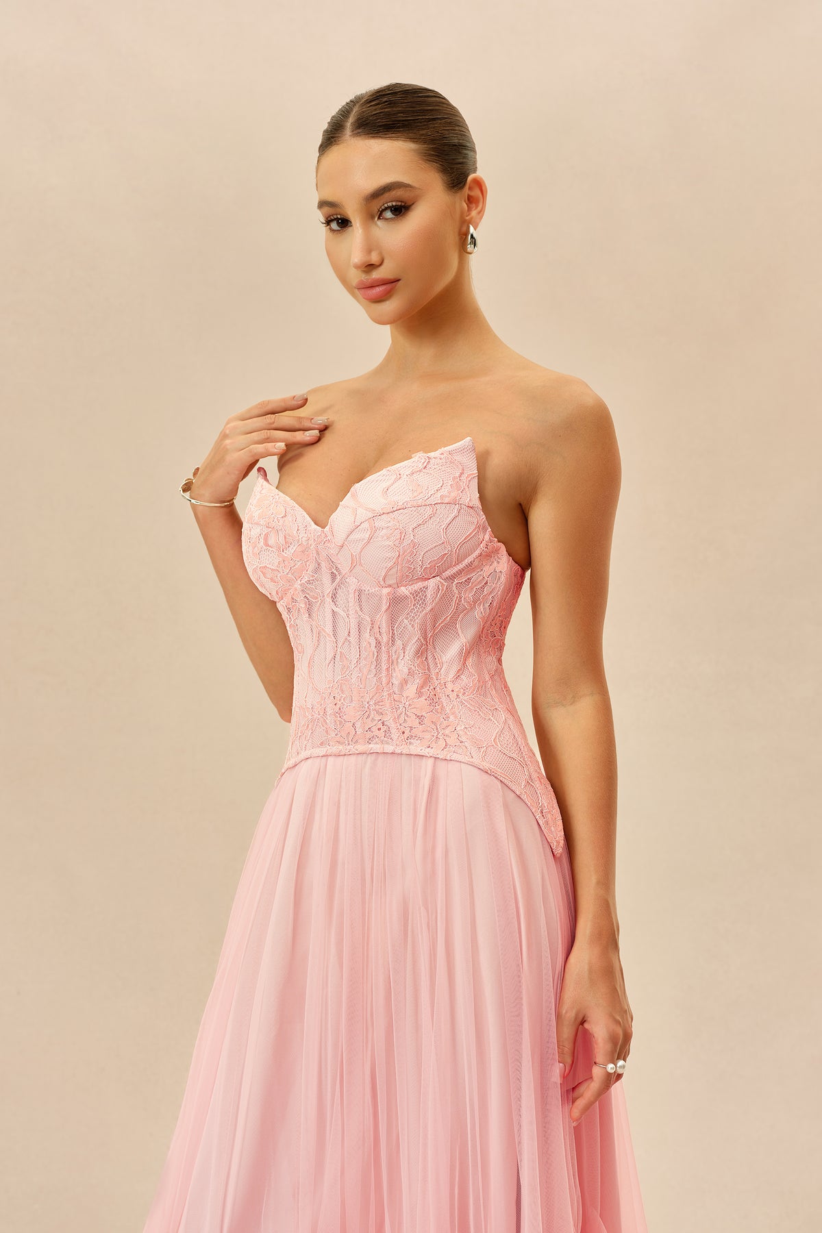Pink Lace Bustier Organza Maxi Dress - view 3