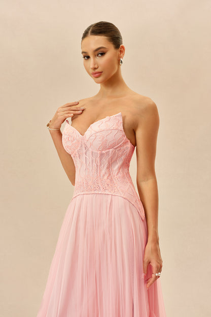 Pink Lace Bustier Organza Maxi Dress - view 3