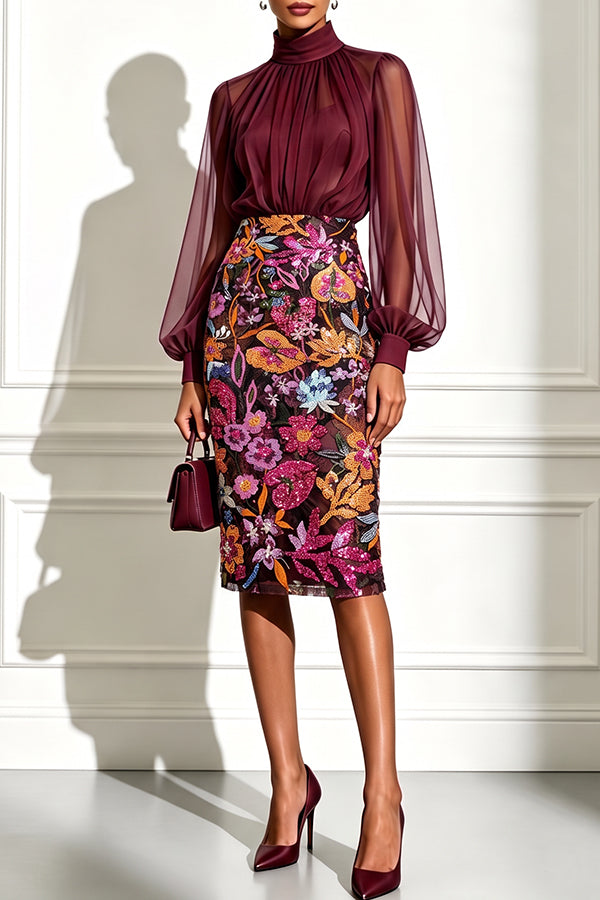 Chiffon Midi Dress with Lantern Sleeves - view 3