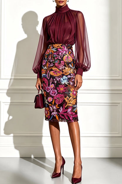 Chiffon Midi Dress with Lantern Sleeves - view 3