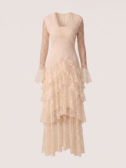 Beige sheer lace tiered ruffle maxi dress