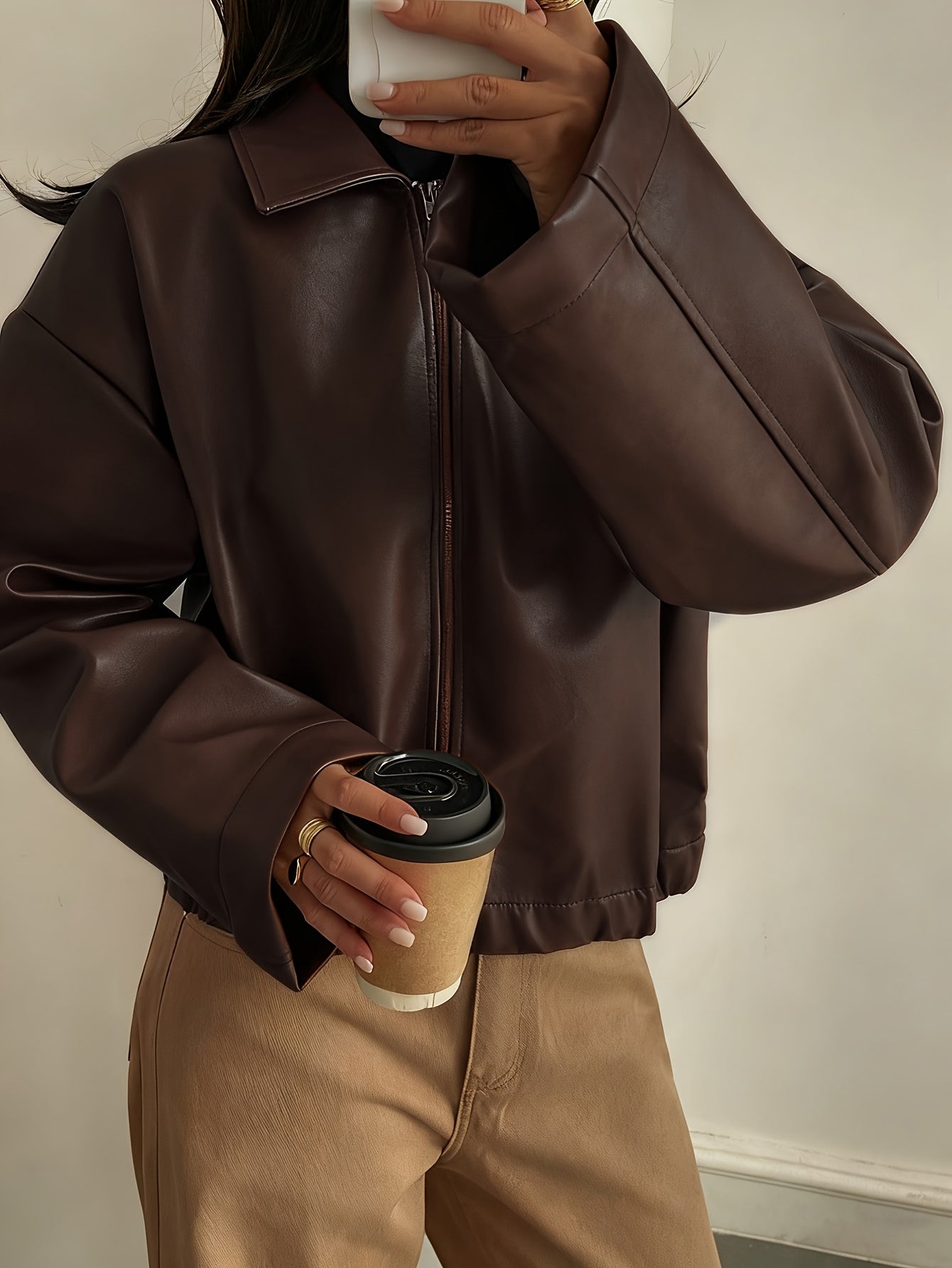 Cropped Faux Leather Zip Jacket with Collar - view 7