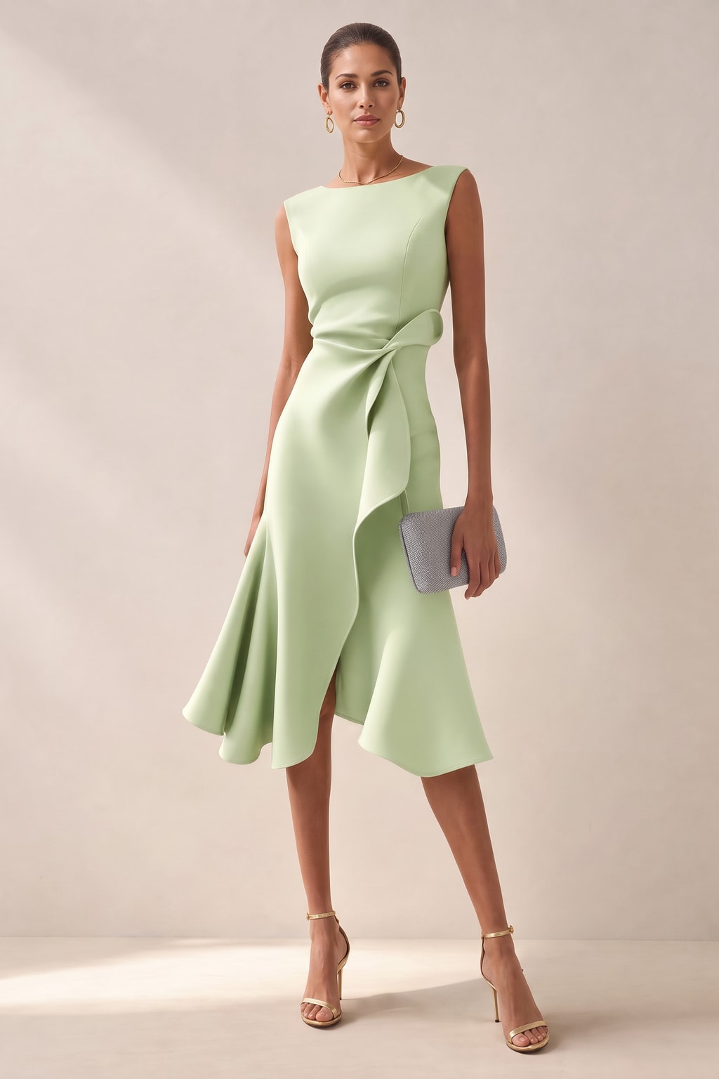 Satin Midi Dress With Asymmetric Draped Detail - 10
