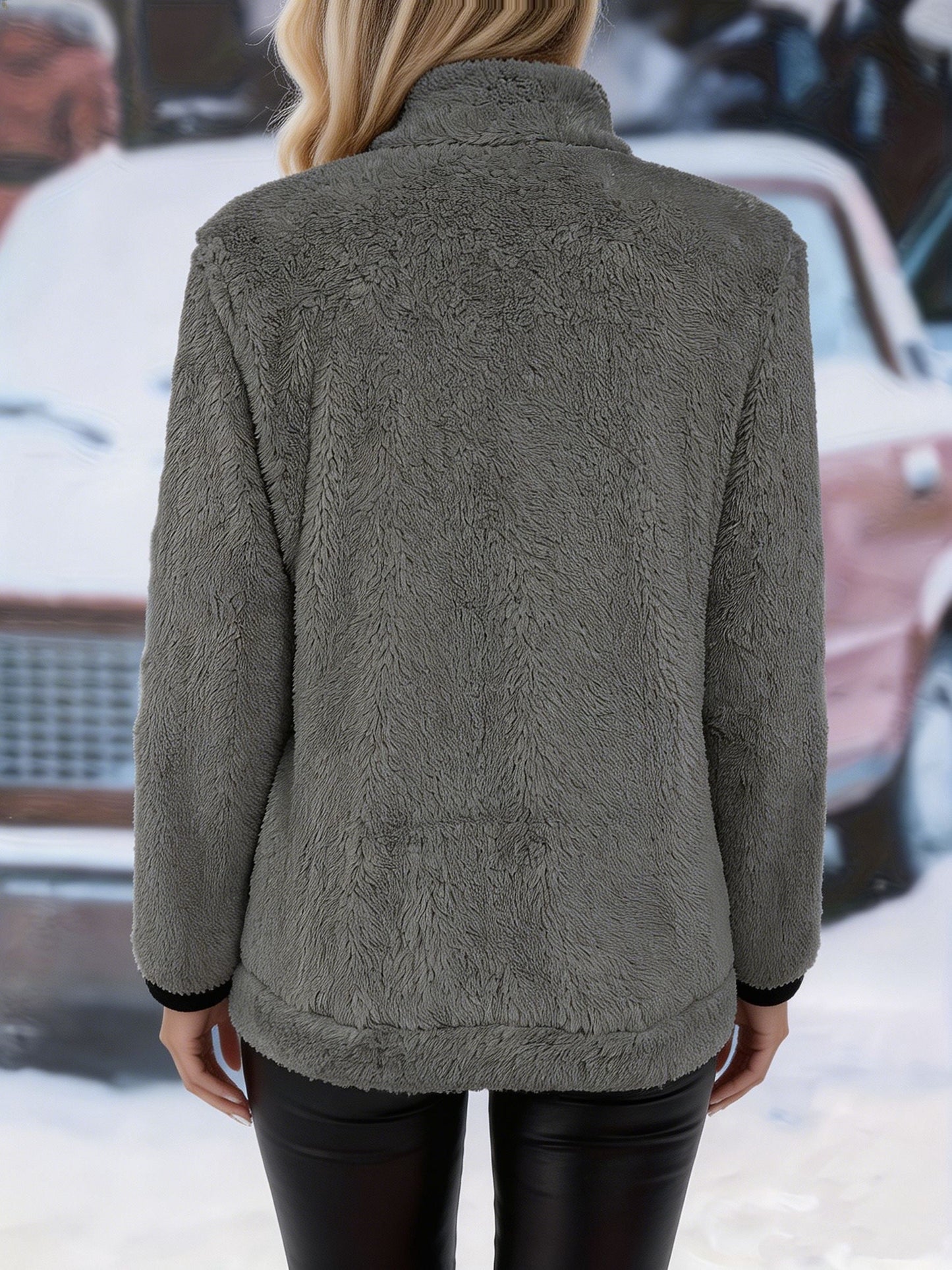 Plush Fleece Zip-Up Jacket With Contrast Trim - view 3