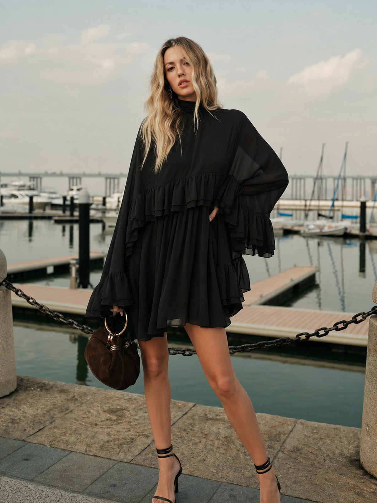 Chiffon Ruffle Mini Dress With Cape Overlay - 8
