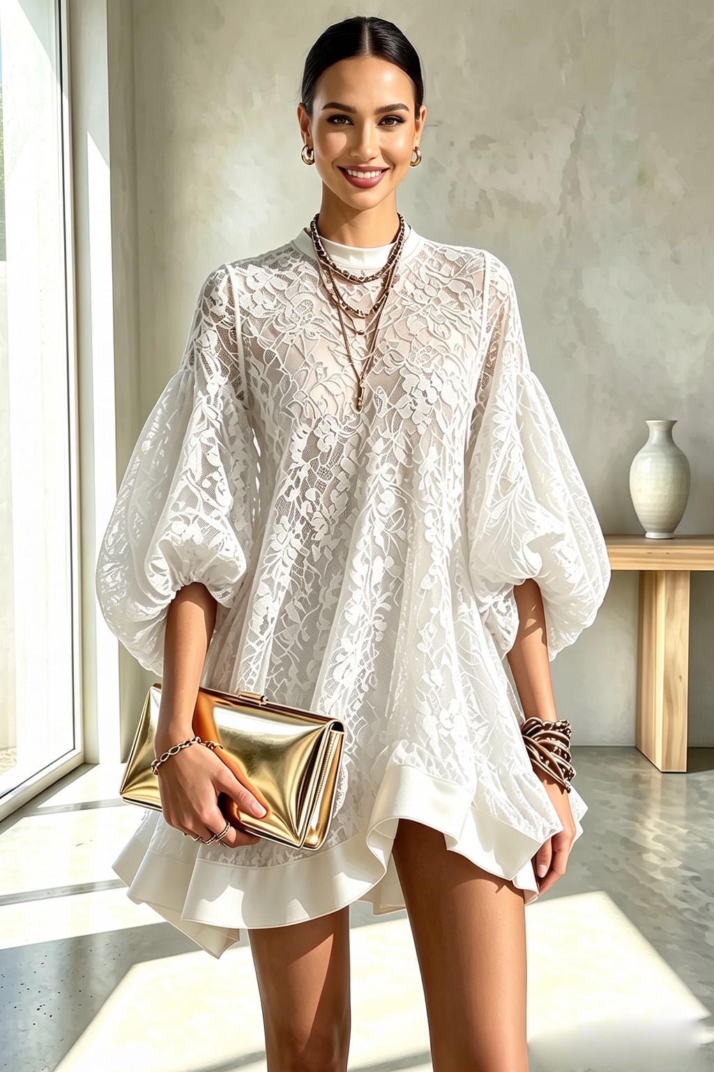 Lace Balloon Sleeve Mini Dress - 5