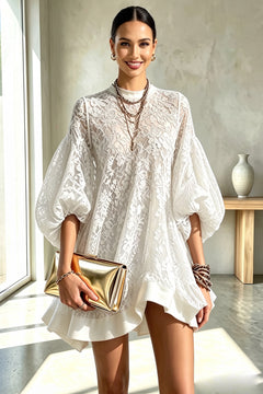 Lace Balloon Sleeve Mini Dress - 5