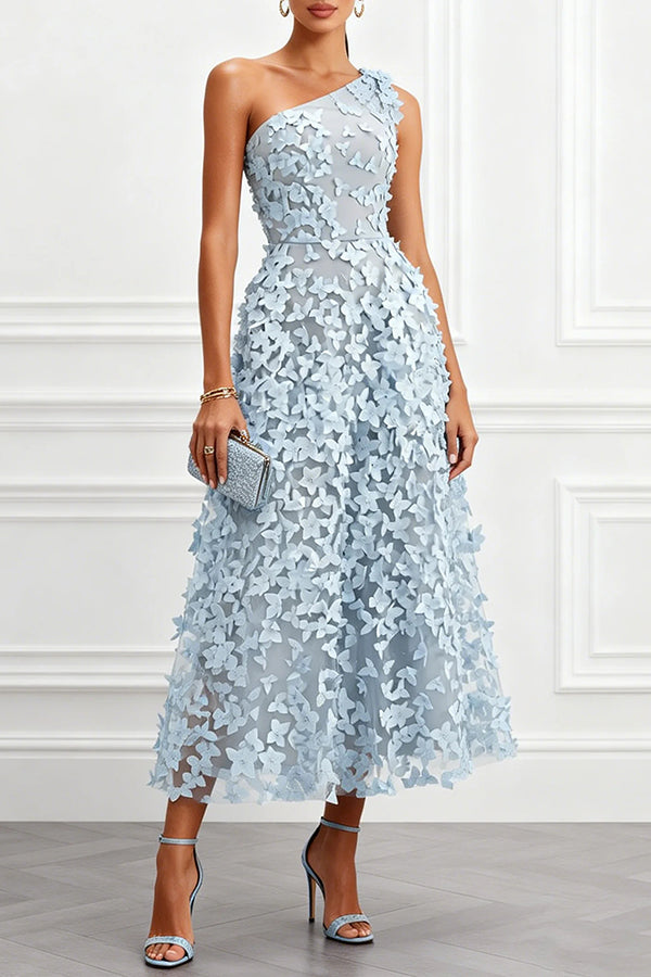 Tulle floral one-shoulder midi dress - view 2