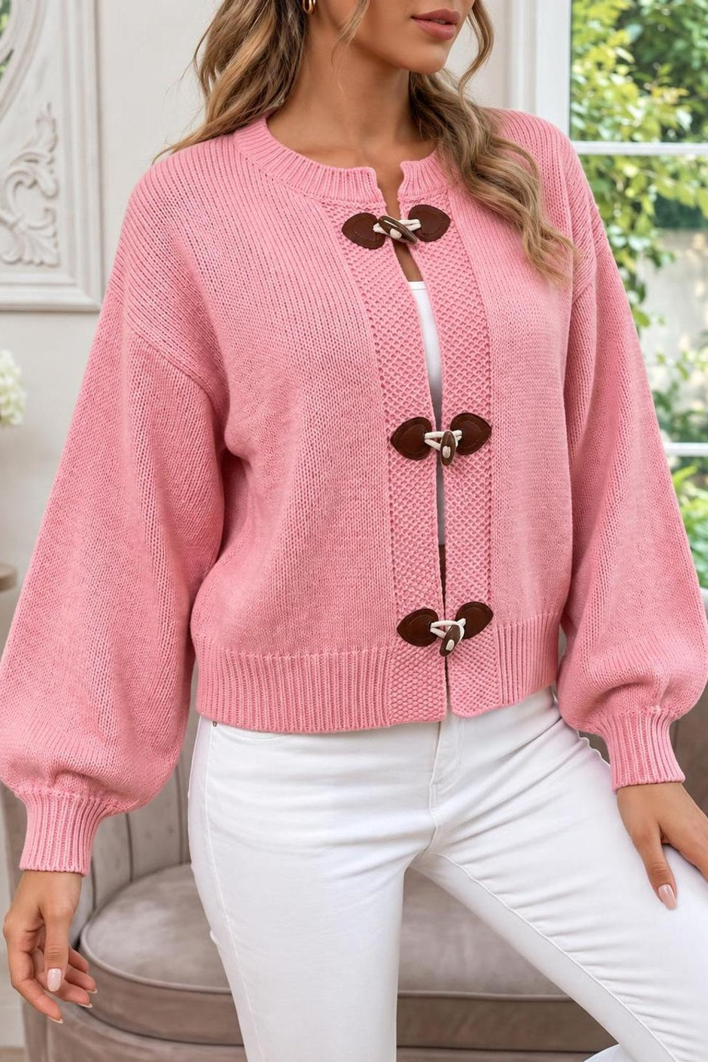 Knit Button-Front Collarless Cardigan - 5