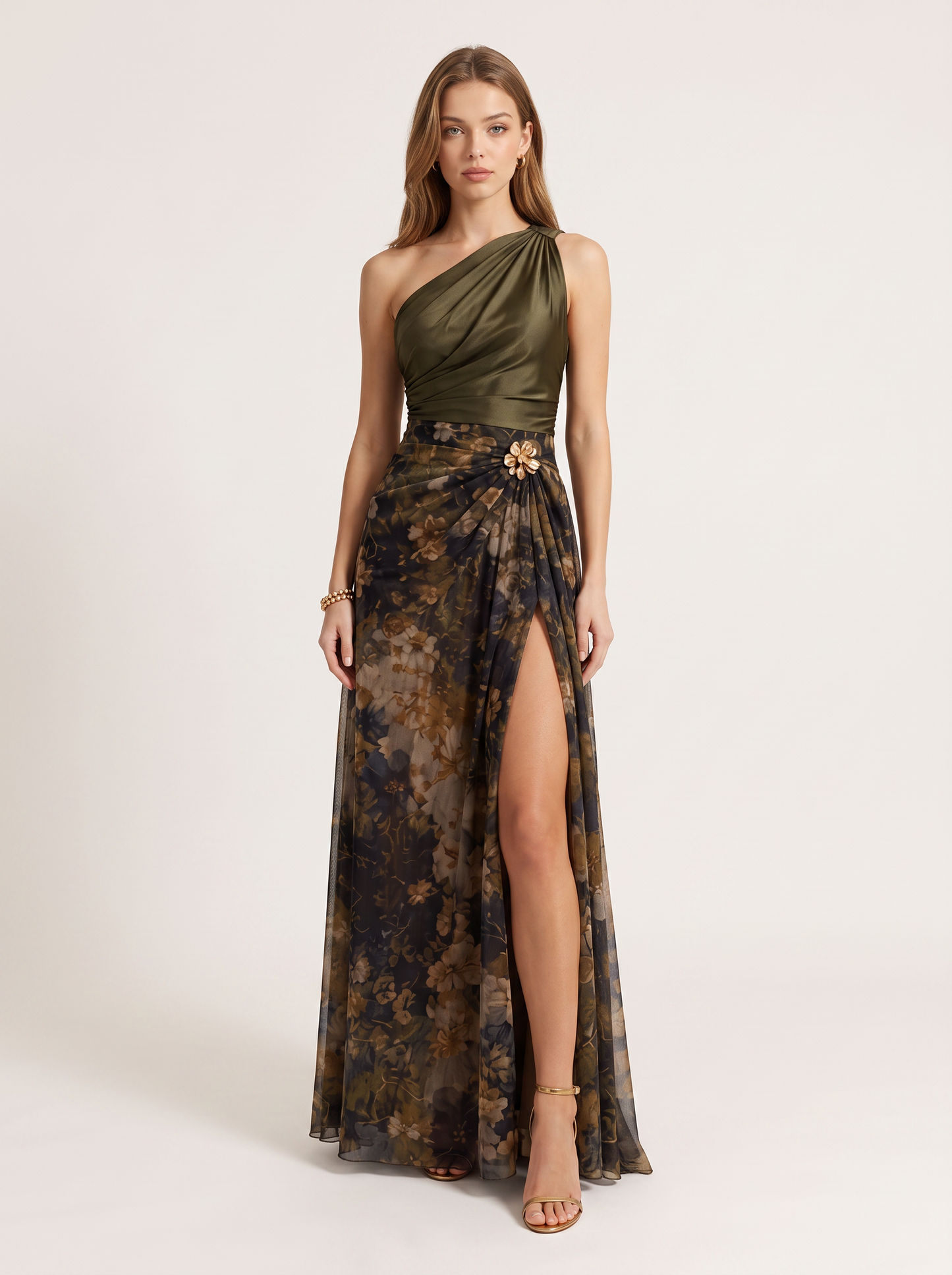 Satin one-shoulder maxi dress with floral tulle hem - view 6