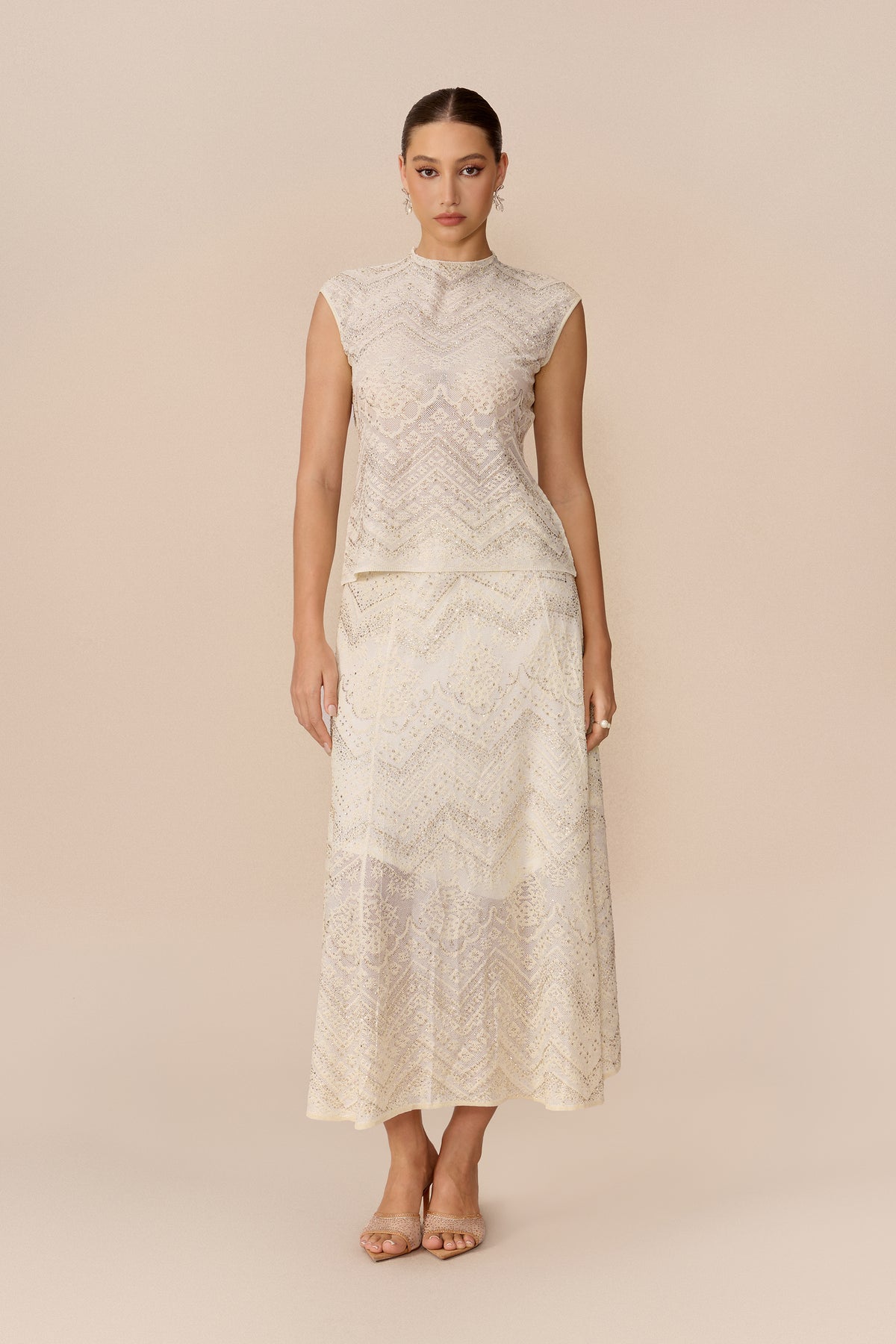 Lace Cropped Top and Flared Midi Skirt Set - view 2