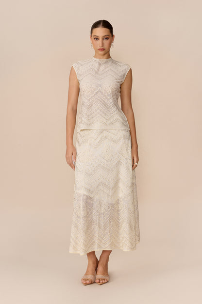 Lace Cropped Top and Flared Midi Skirt Set - view 2