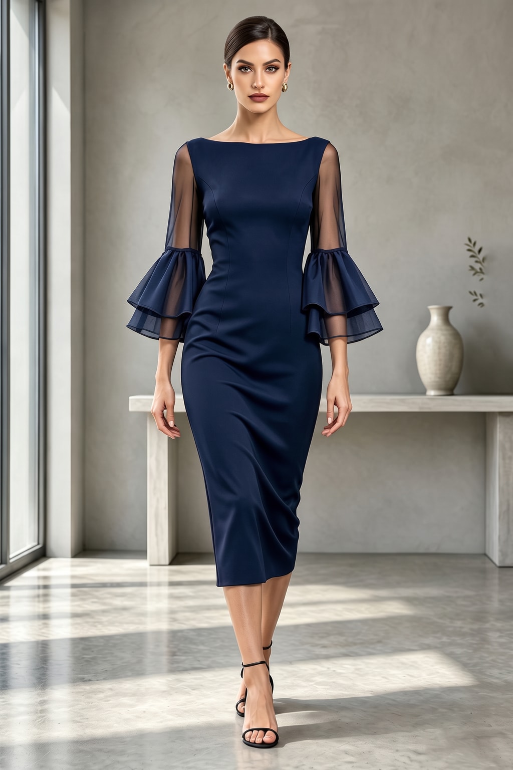 Polyester Bodycon Midi Dress With Bell Sleeves - 6