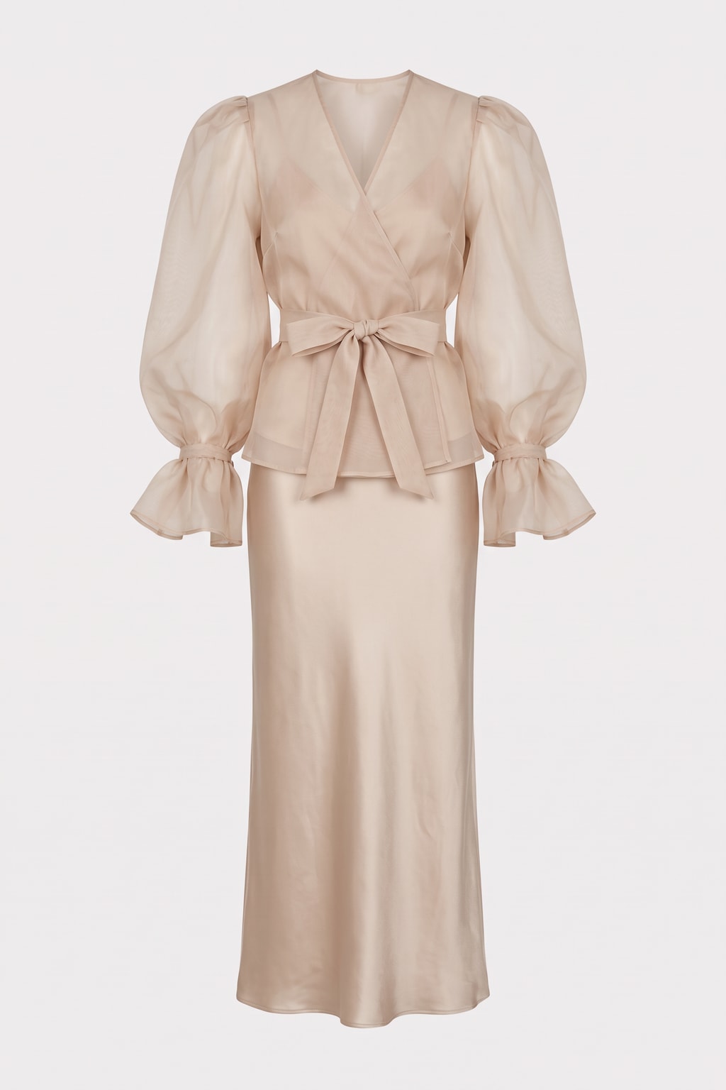 Satin Dress Set With Sheer Peplum Wrap Top - 1