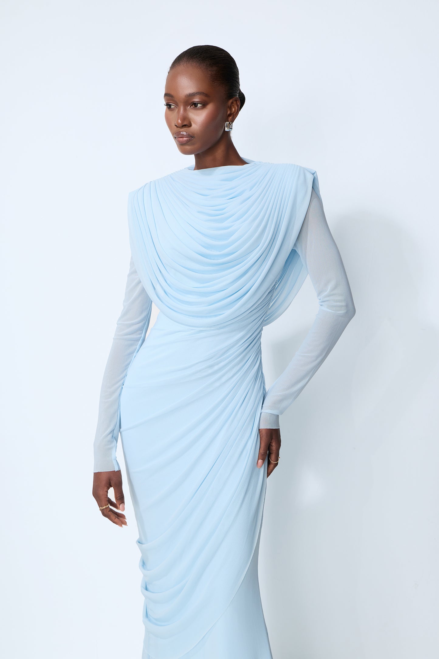 Blue mesh cowl neck long sleeve maxi dress - view 3