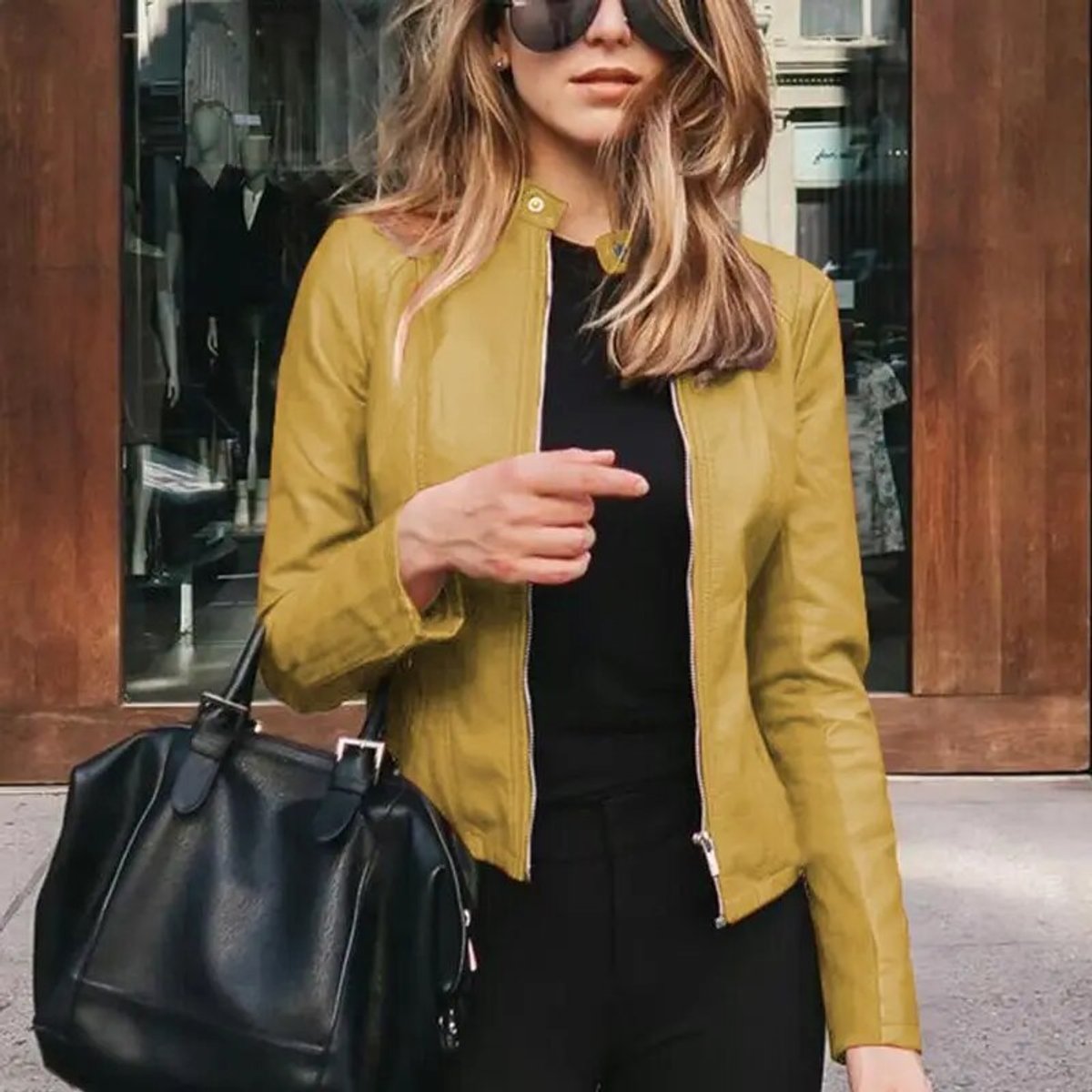 Faux Leather Moto Jacket with Band Collar - view 10
