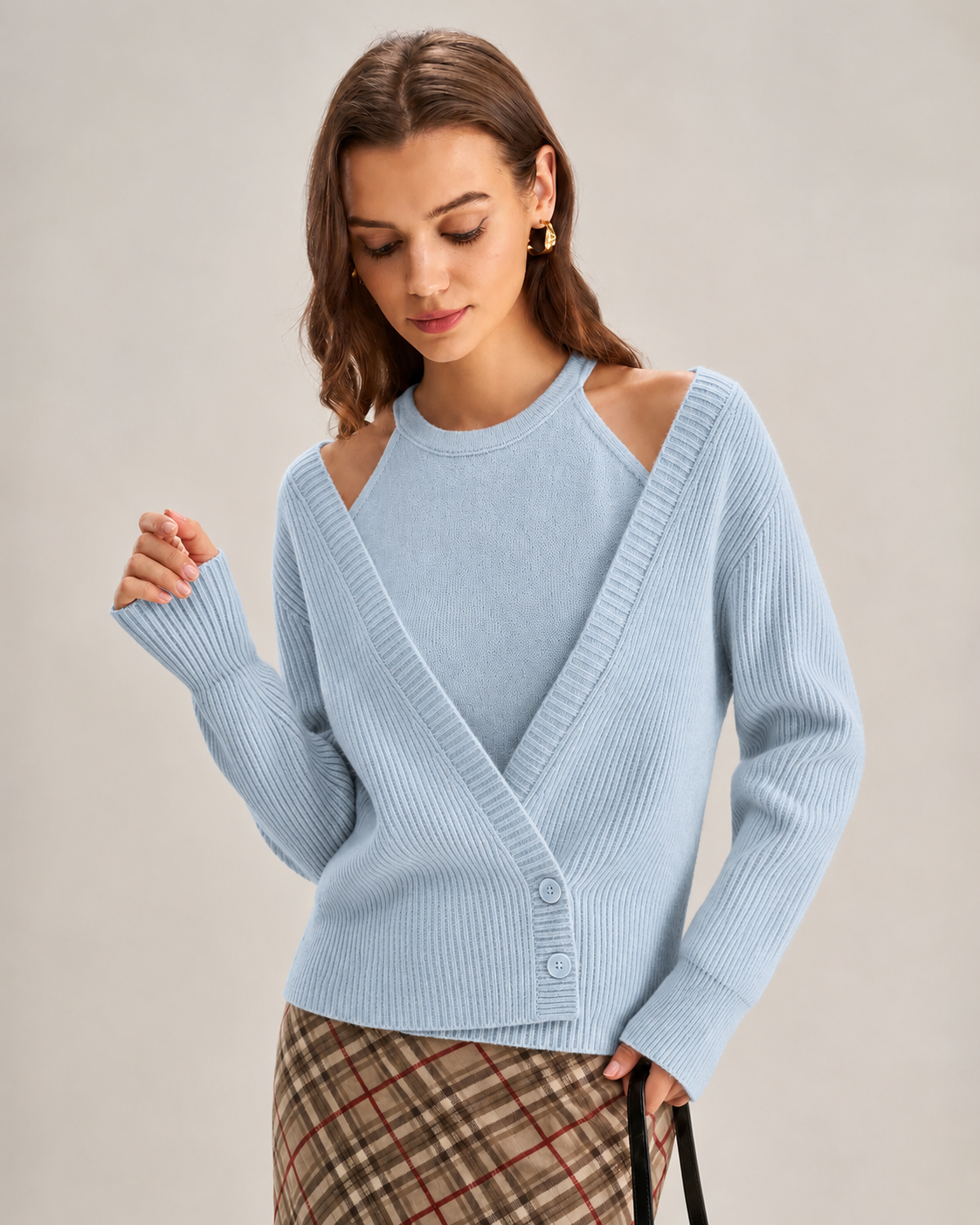 Polyester Knit Cardigan V Neck Button - 6