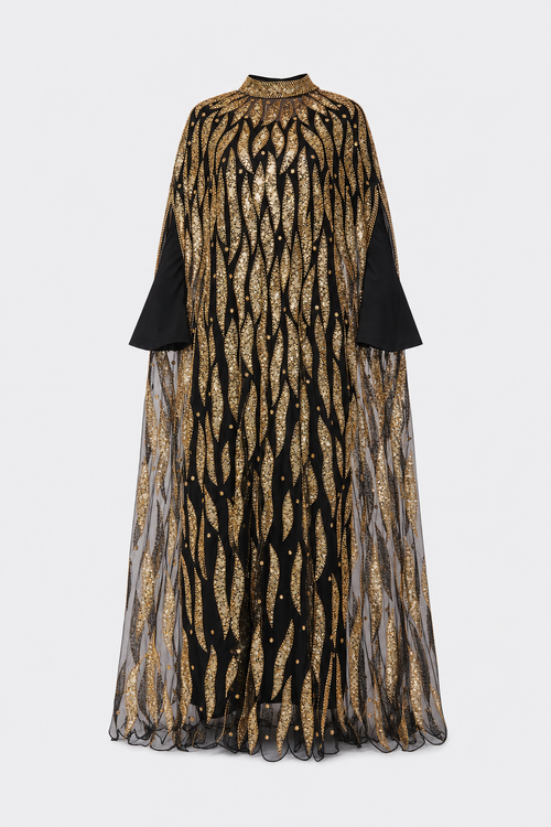 Black sequin embroidery cape-sleeve maxi dress